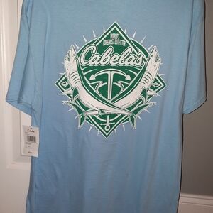 Cabela's Light Blue Short-Sleeve Tee with Green & White Fishing Emblem